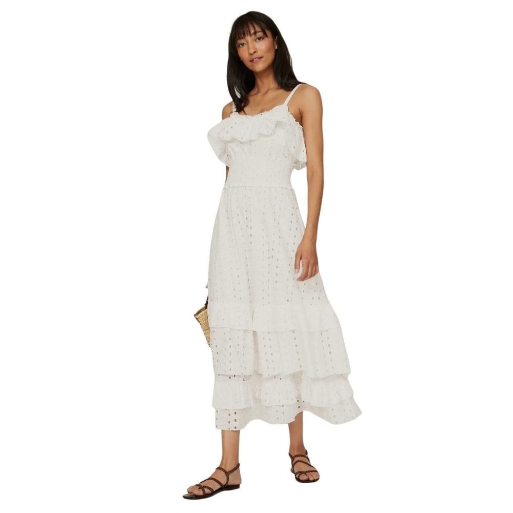 Slate & Willow Ruffle Dress in White Medium Womens Eyelet midi